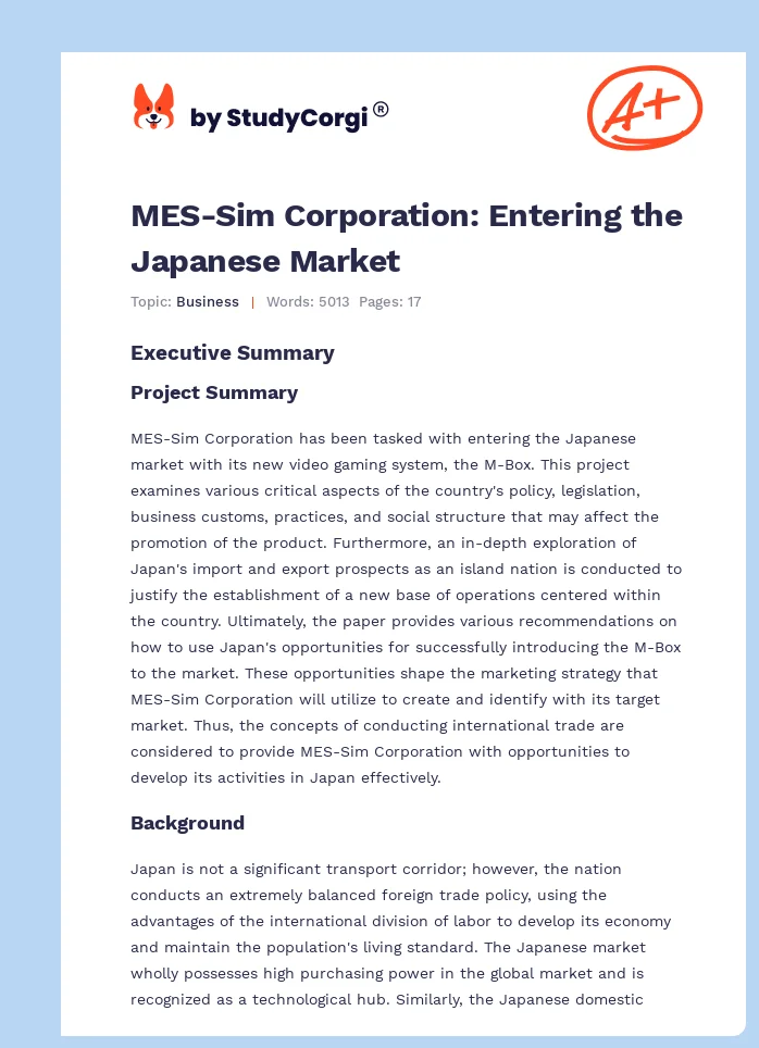 MES-Sim Corporation: Entering the Japanese Market. Page 1