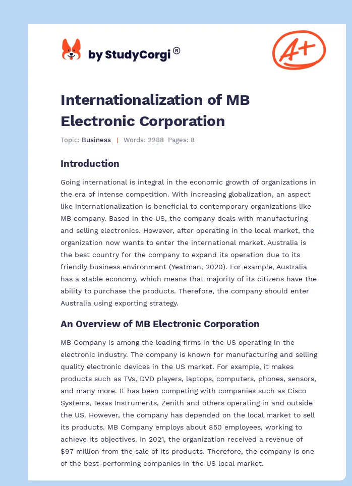 Internationalization of MB Electronic Corporation. Page 1