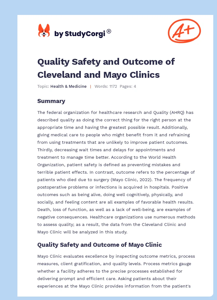 Quality Safety and Outcome of Cleveland and Mayo Clinics. Page 1