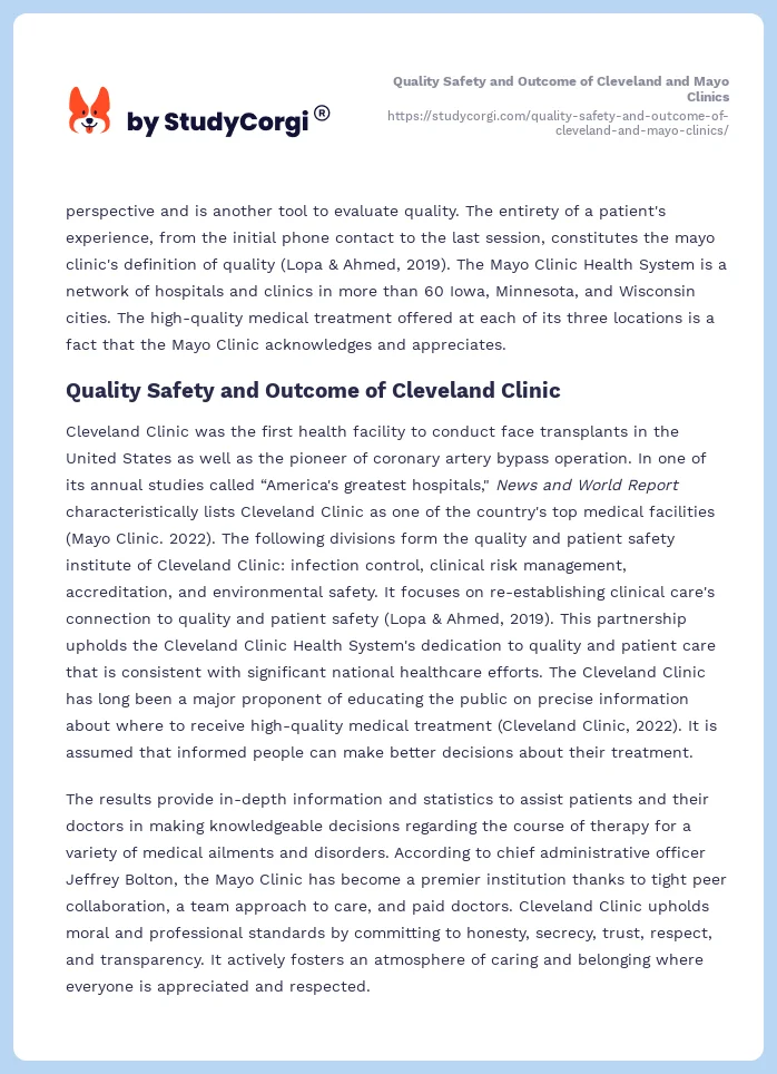 Quality Safety and Outcome of Cleveland and Mayo Clinics. Page 2