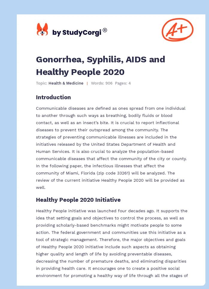 Gonorrhea, Syphilis, AIDS and Healthy People 2020. Page 1