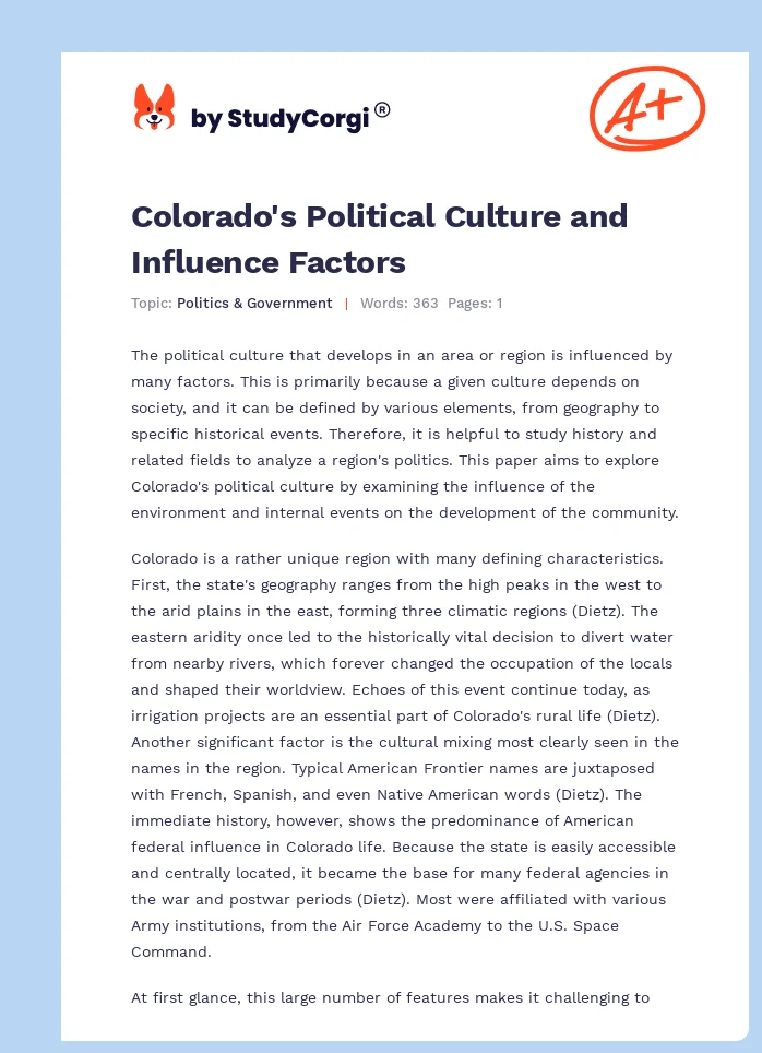 Colorado's Political Culture and Influence Factors. Page 1