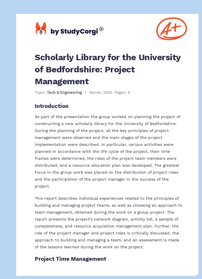 Scholarly Library for the University of Bedfordshire: Project Management. Page 1