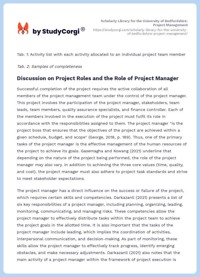Scholarly Library for the University of Bedfordshire: Project Management. Page 2