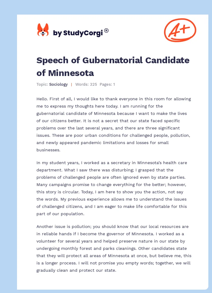 Speech of Gubernatorial Candidate of Minnesota. Page 1