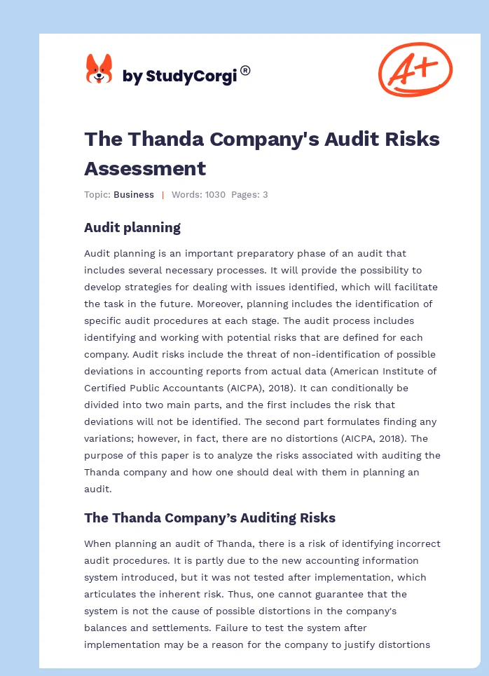 The Thanda Company's Audit Risks Assessment. Page 1