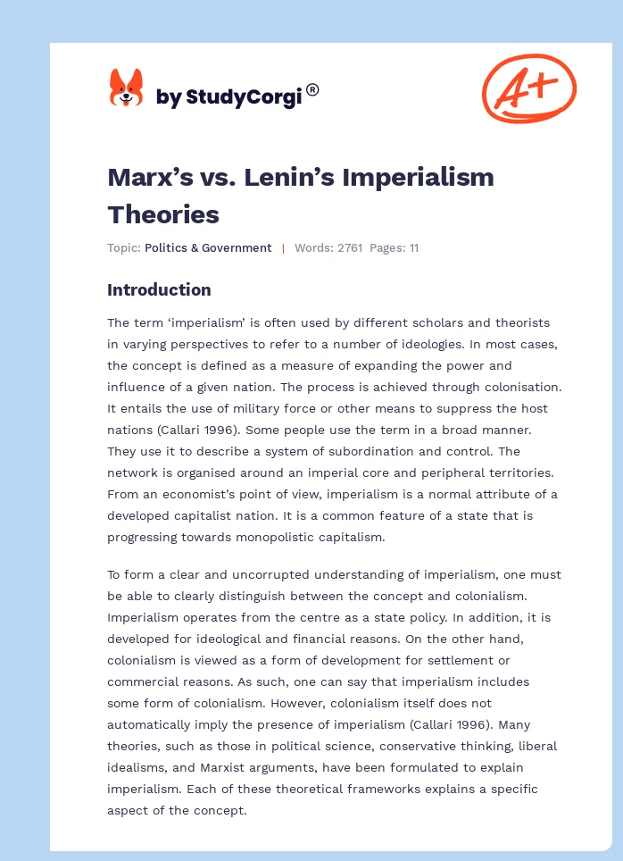 Marx’s vs. Lenin’s Imperialism Theories. Page 1