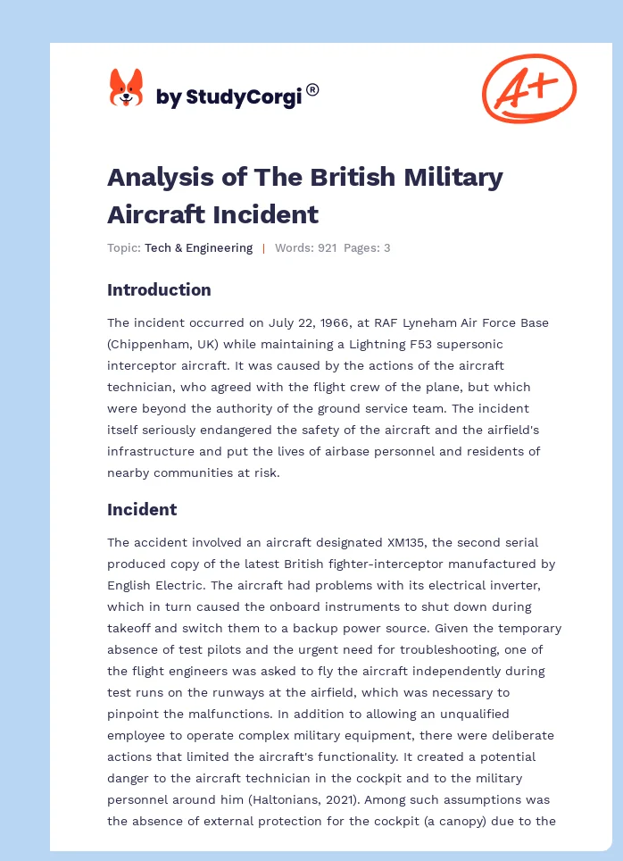 Analysis of The British Military Aircraft Incident. Page 1