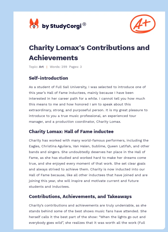 Charity Lomax's Contributions and Achievements. Page 1