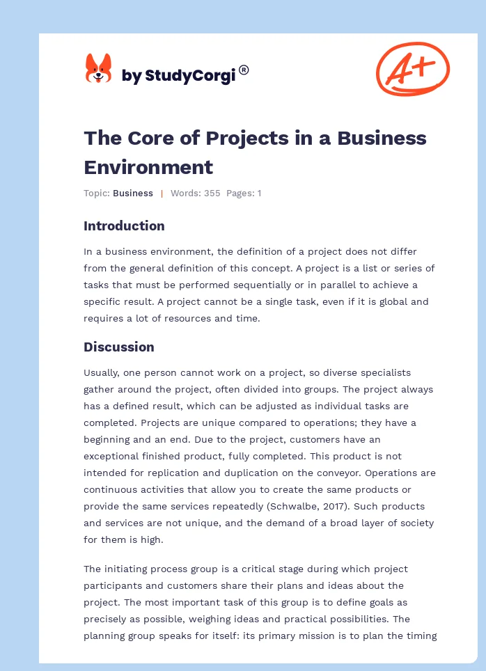The Core of Projects in a Business Environment. Page 1