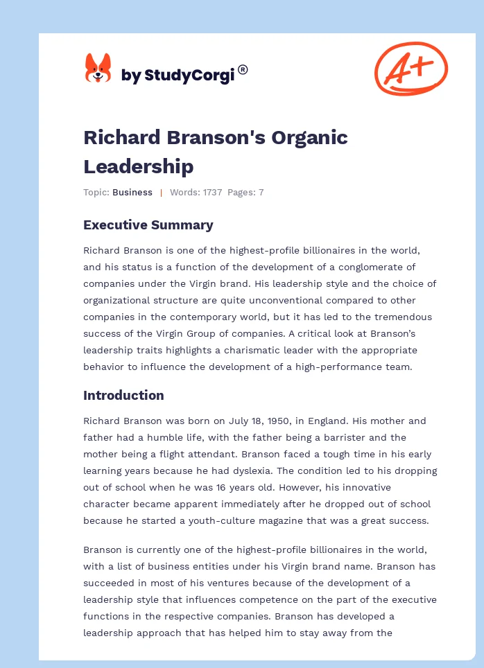 Richard Branson's Organic Leadership. Page 1
