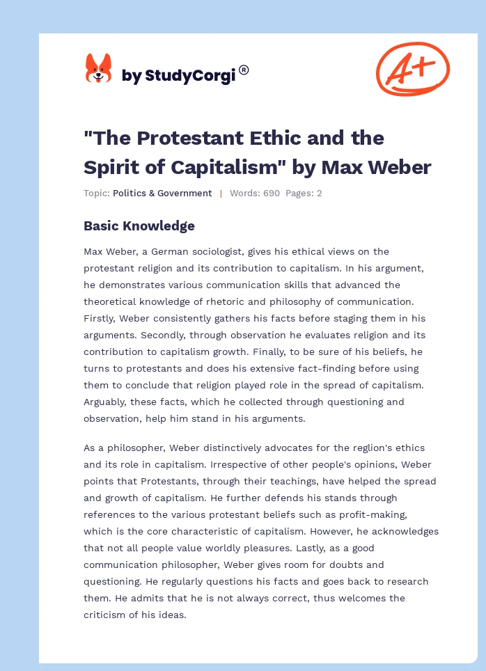 "The Protestant Ethic and the Spirit of Capitalism" by Max Weber. Page 1