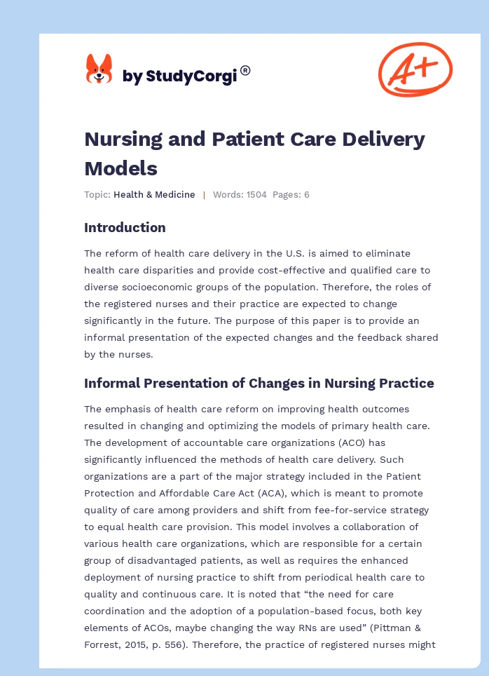 Nursing and Patient Care Delivery Models. Page 1