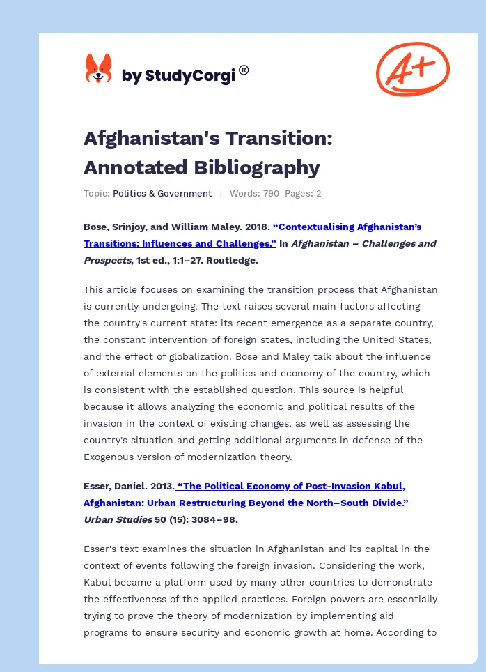 Afghanistan's Transition: Annotated Bibliography. Page 1
