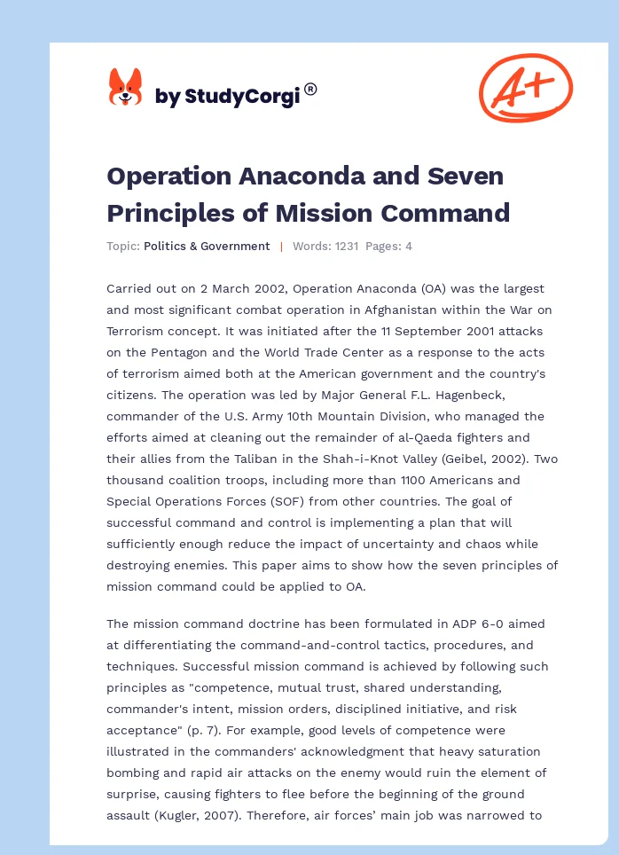 Operation Anaconda and Seven Principles of Mission Command. Page 1