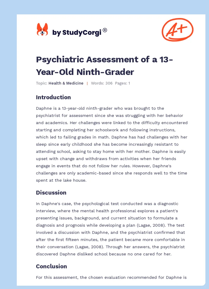 Psychiatric Assessment of a 13-Year-Old Ninth-Grader. Page 1