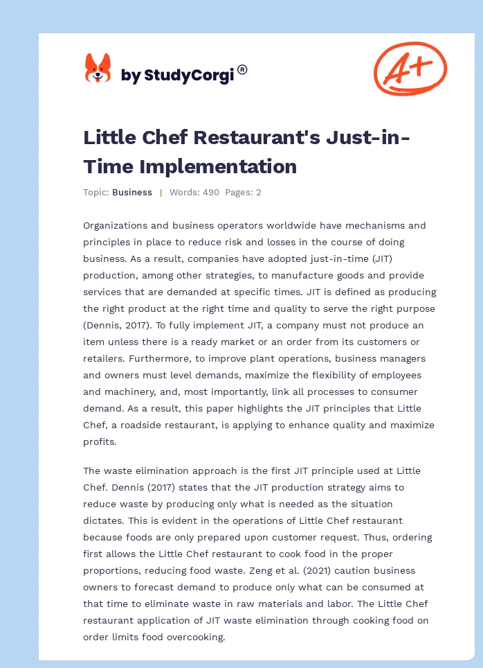 Little Chef Restaurant's Just-in-Time Implementation. Page 1