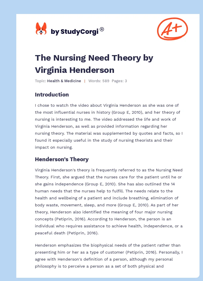 The Nursing Need Theory by Virginia Henderson. Page 1