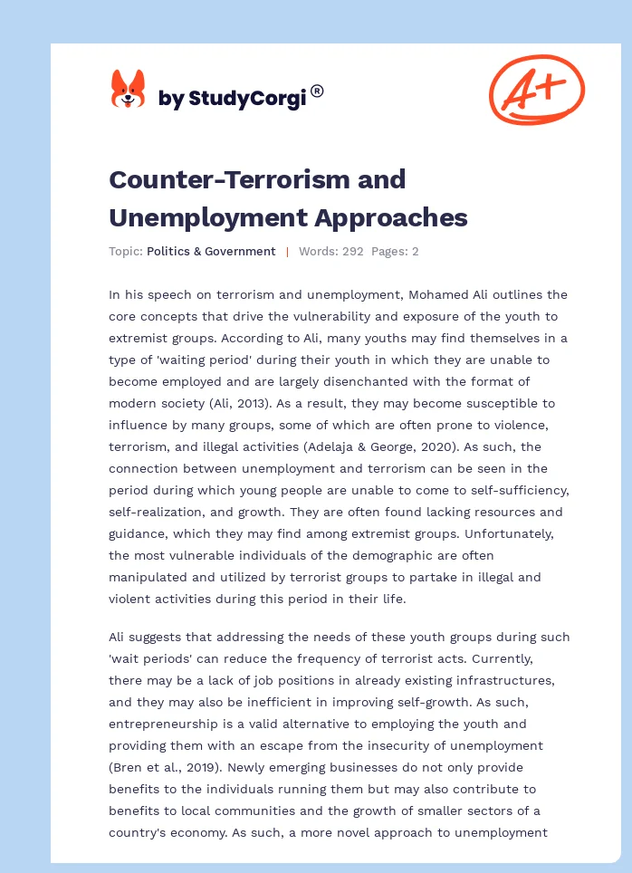 Counter-Terrorism and Unemployment Approaches. Page 1