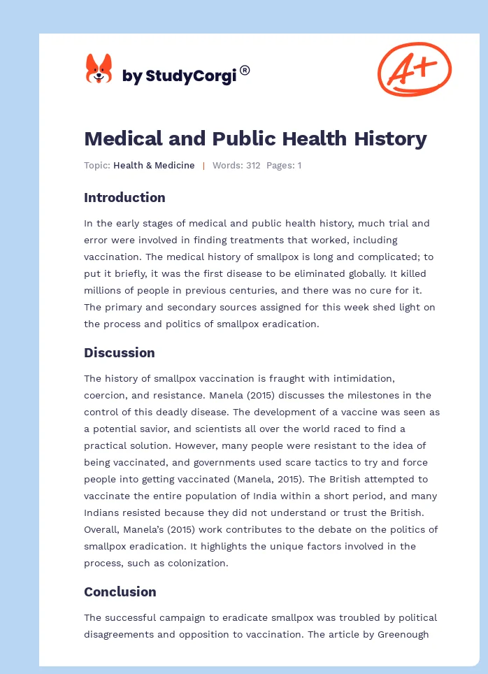 Medical and Public Health History. Page 1
