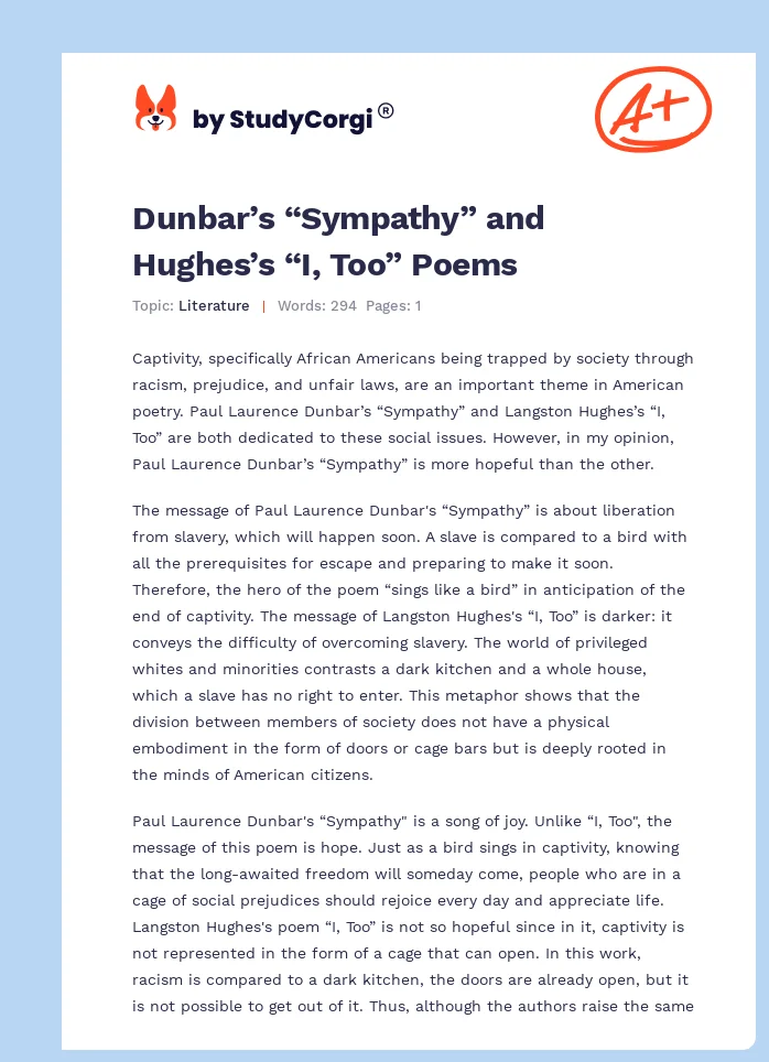Dunbar’s “Sympathy” and Hughes’s “I, Too” Poems. Page 1