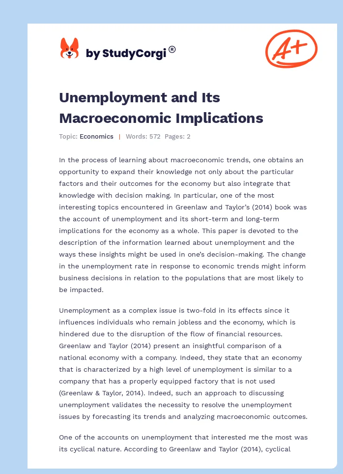 Unemployment and Its Macroeconomic Implications. Page 1