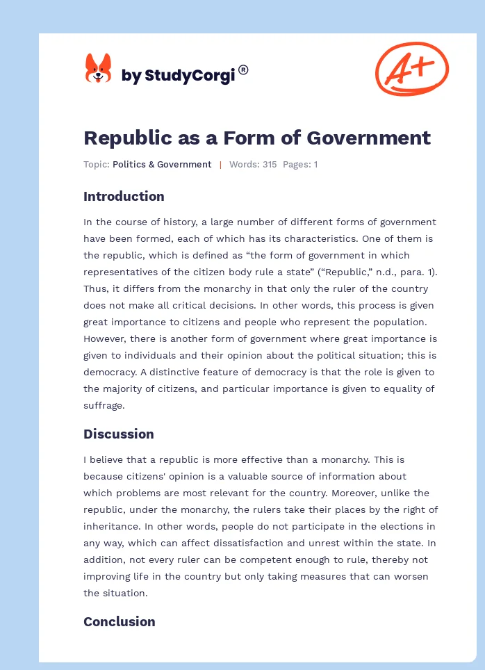 Republic as a Form of Government. Page 1