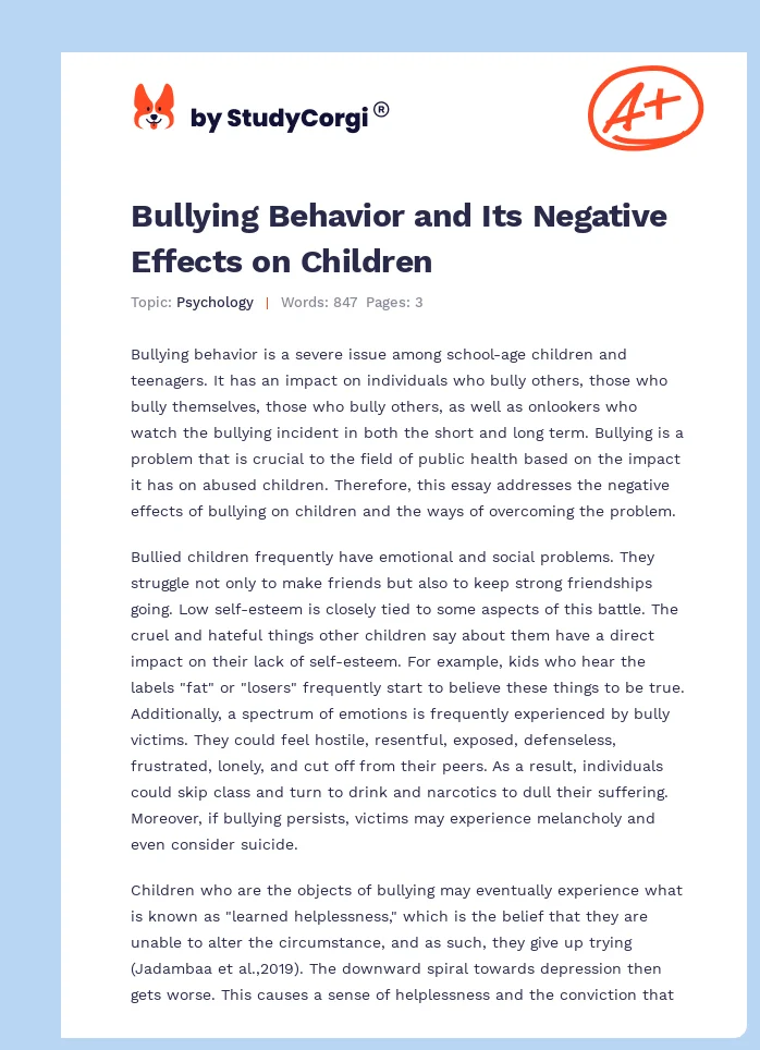 Bullying Behavior and Its Negative Effects on Children. Page 1