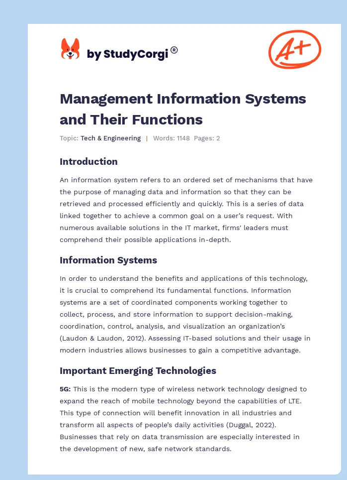 Management Information Systems and Their Functions. Page 1
