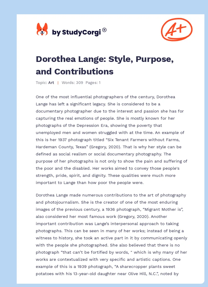 Dorothea Lange: Style, Purpose, and Contributions. Page 1