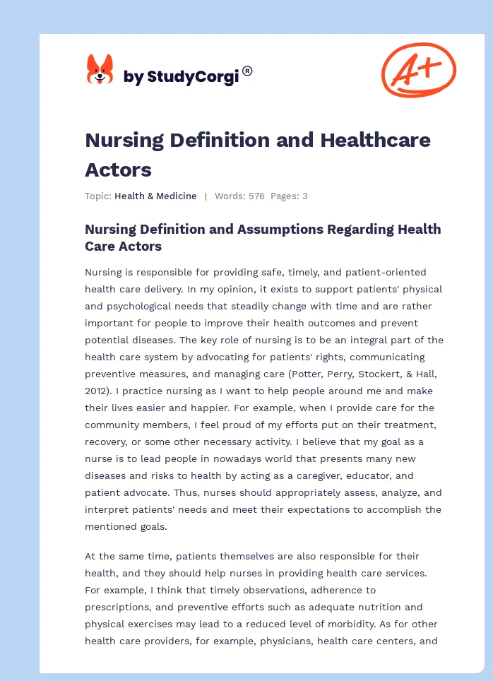 Nursing Definition and Healthcare Actors. Page 1