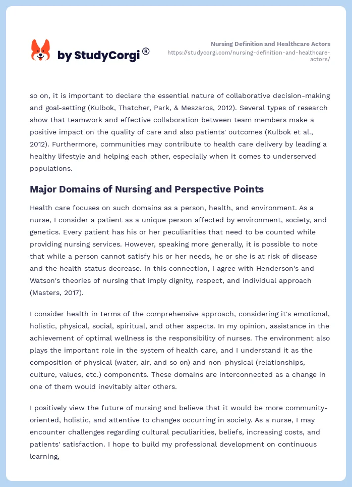 Nursing Definition and Healthcare Actors. Page 2