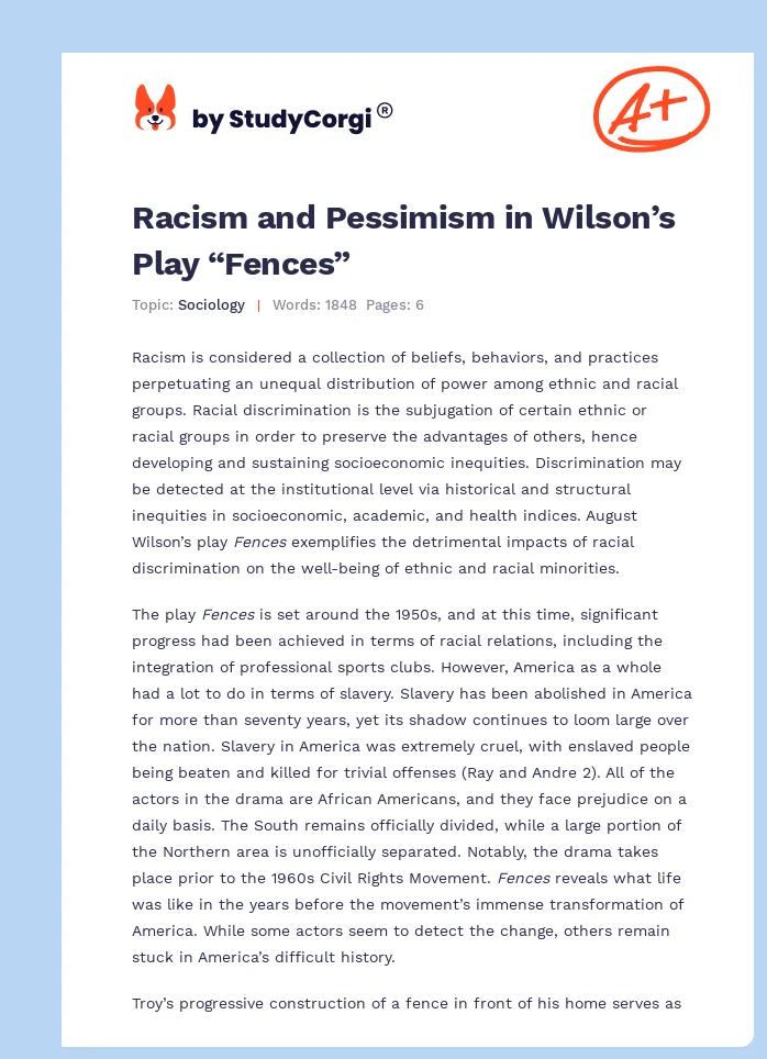 Racism and Pessimism in Wilson’s Play “Fences”. Page 1