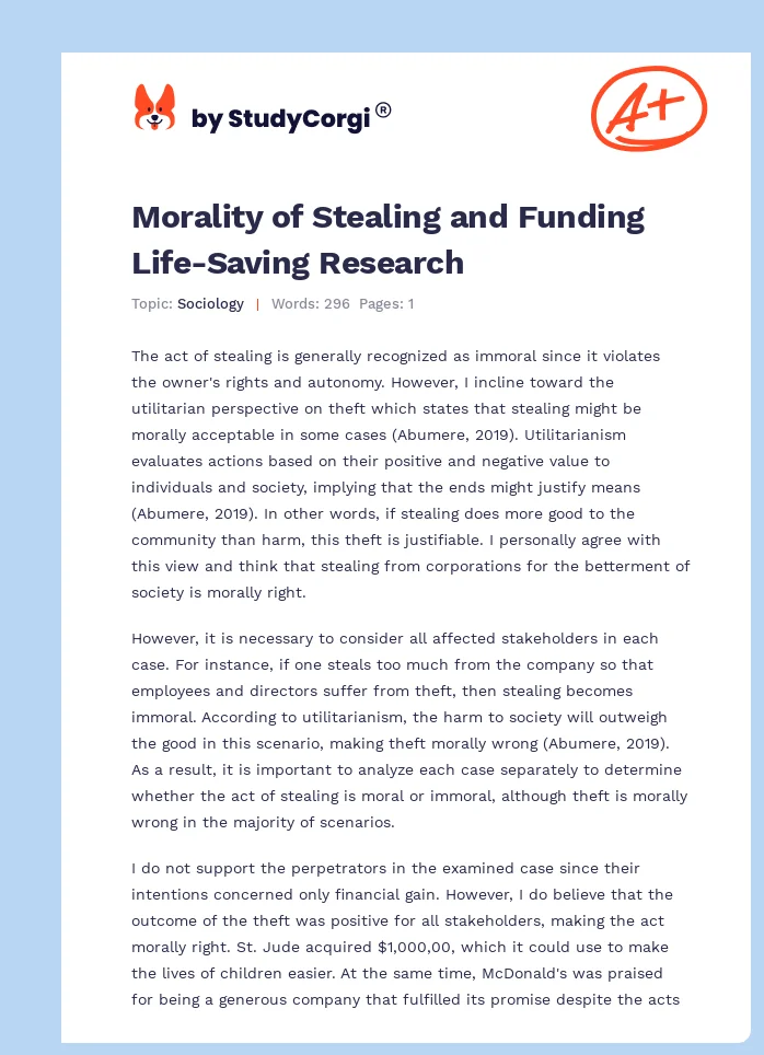 Morality of Stealing and Funding Life-Saving Research. Page 1