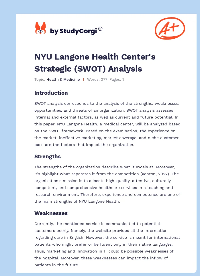 NYU Langone Health Center's Strategic (SWOT) Analysis. Page 1