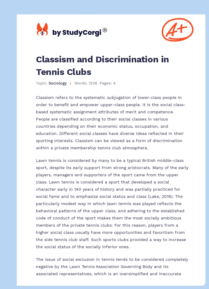 Classism and Discrimination in Tennis Clubs. Page 1