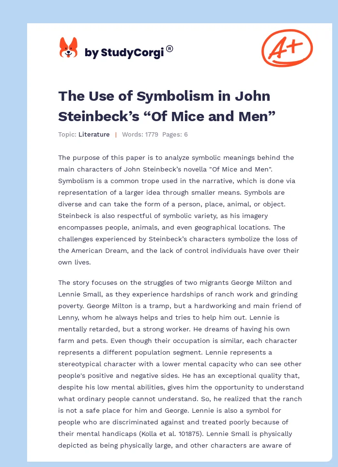 The Use of Symbolism in John Steinbeck’s “Of Mice and Men”. Page 1