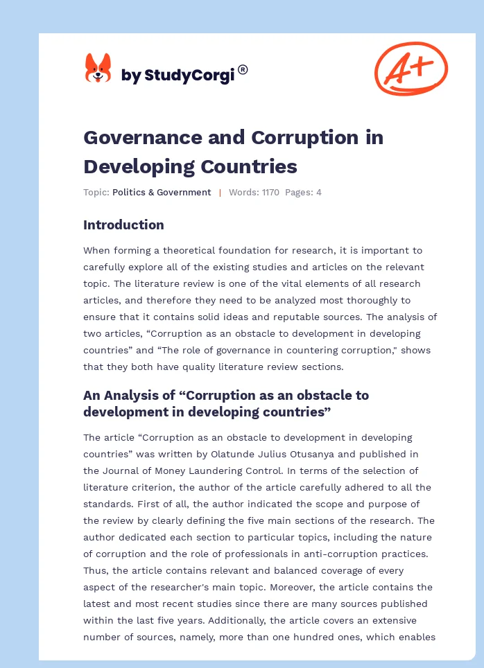 Governance and Corruption in Developing Countries. Page 1