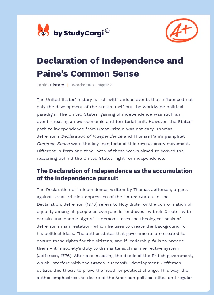 Declaration of Independence and Paine's Common Sense. Page 1
