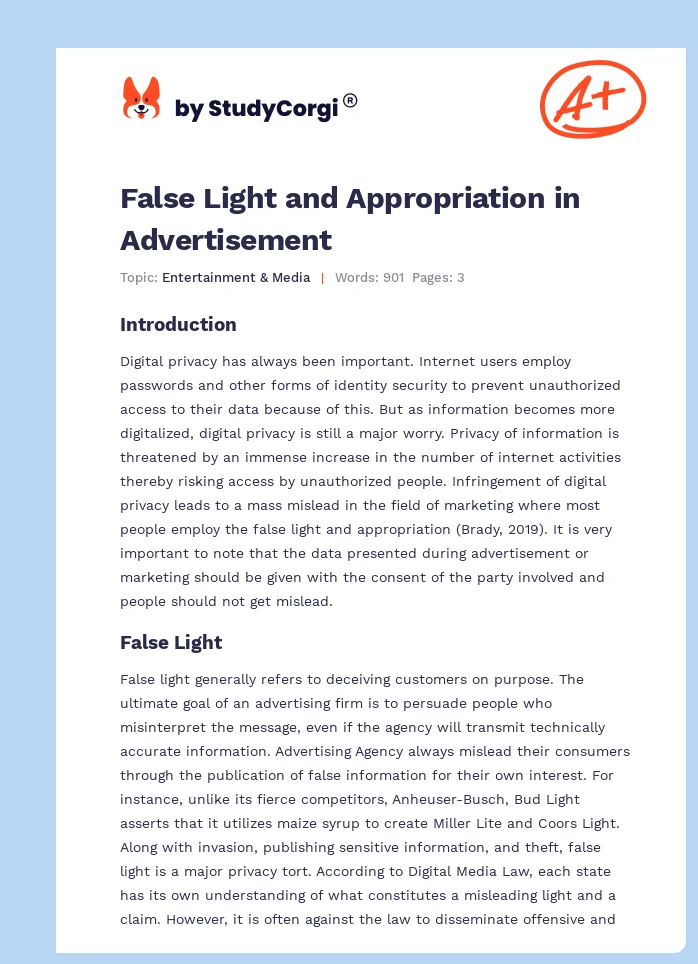 False Light and Appropriation in Advertisement. Page 1