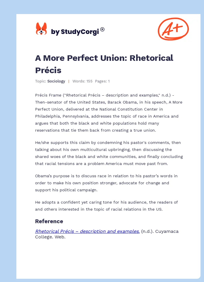 A More Perfect Union: Rhetorical Précis. Page 1