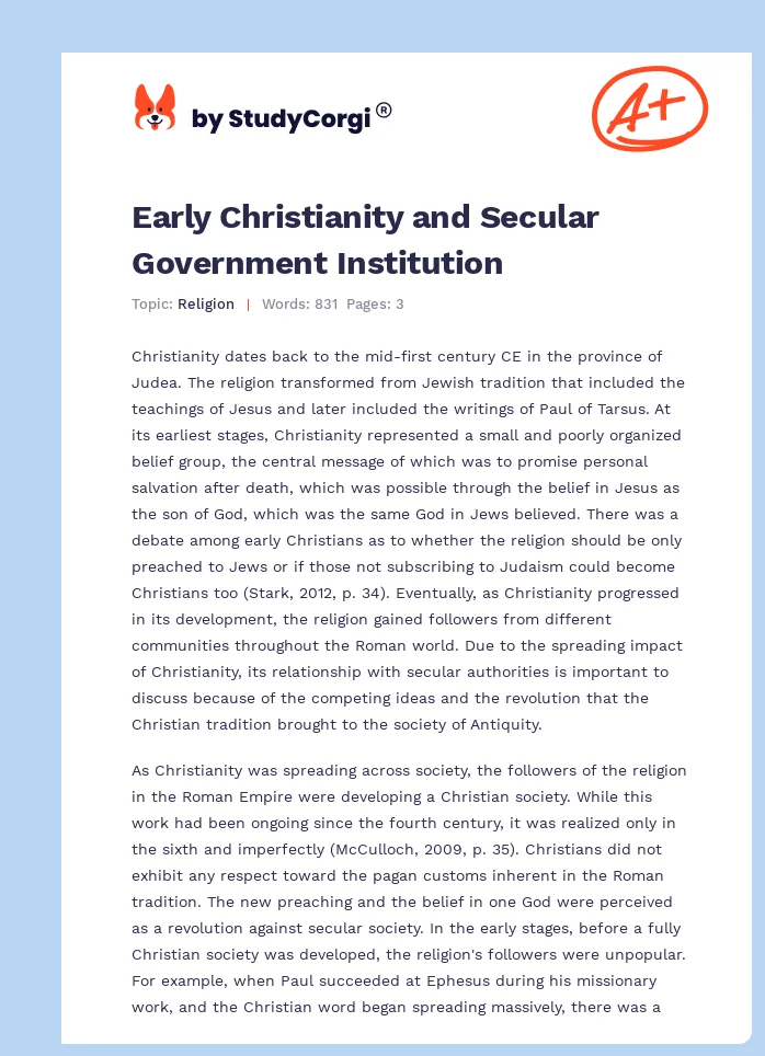 Early Christianity and Secular Government Institution. Page 1