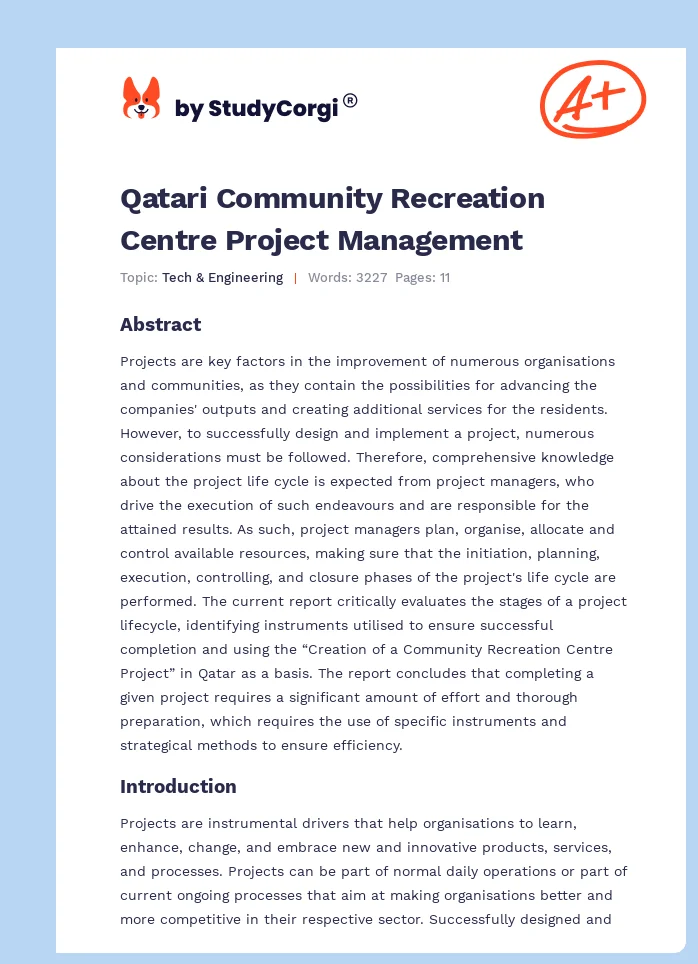 Qatari Community Recreation Centre Project Management. Page 1
