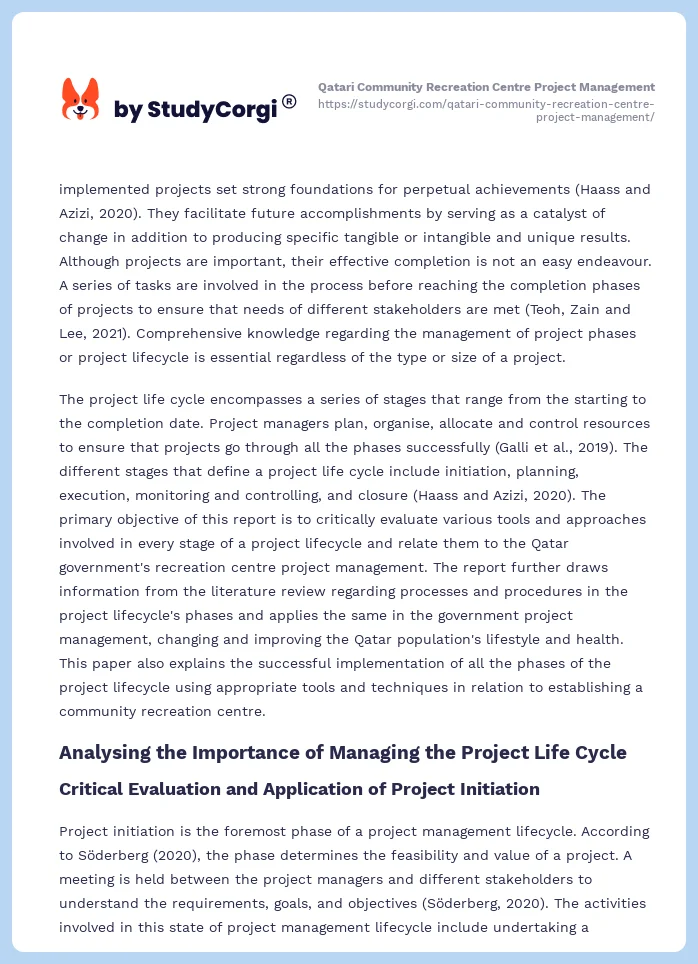 Qatari Community Recreation Centre Project Management. Page 2
