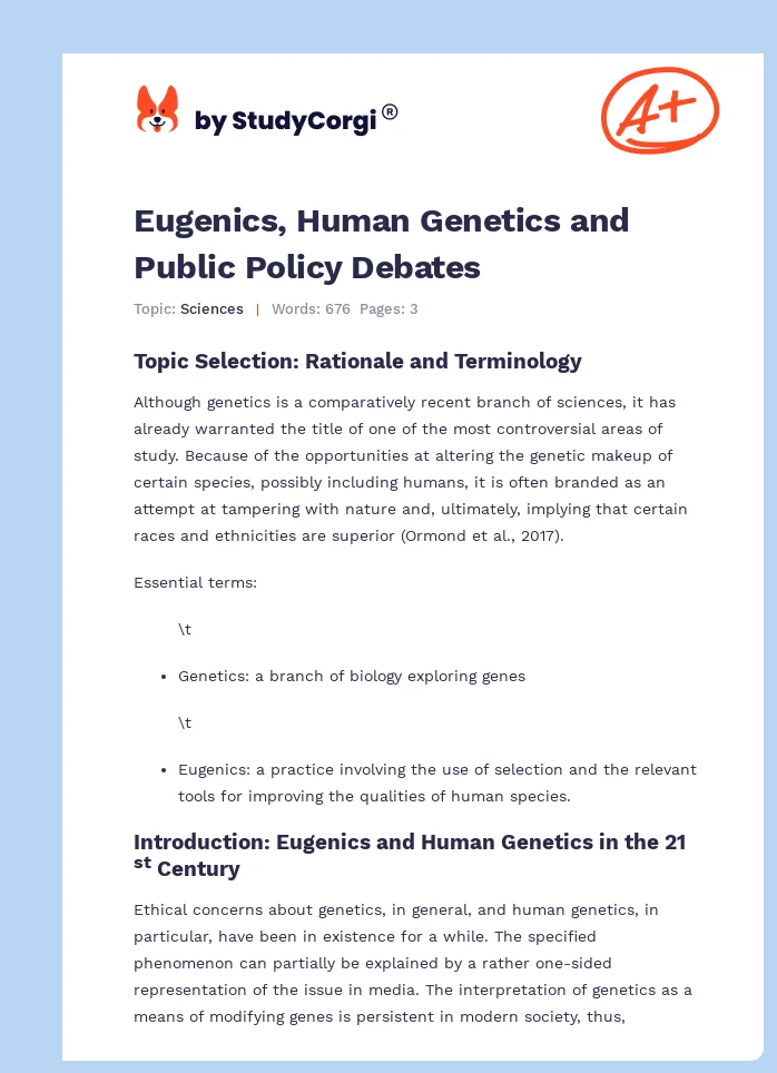 Eugenics, Human Genetics and Public Policy Debates. Page 1