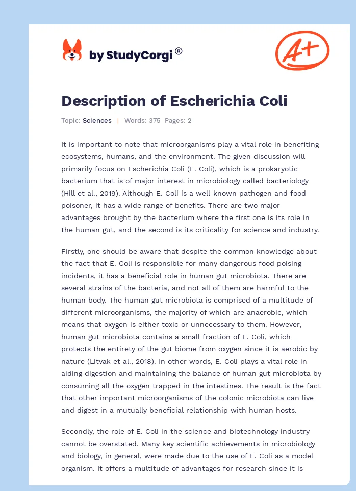Description of Escherichia Coli. Page 1