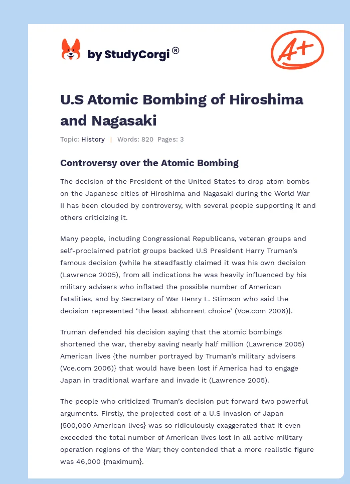 U.S Atomic Bombing of Hiroshima and Nagasaki. Page 1