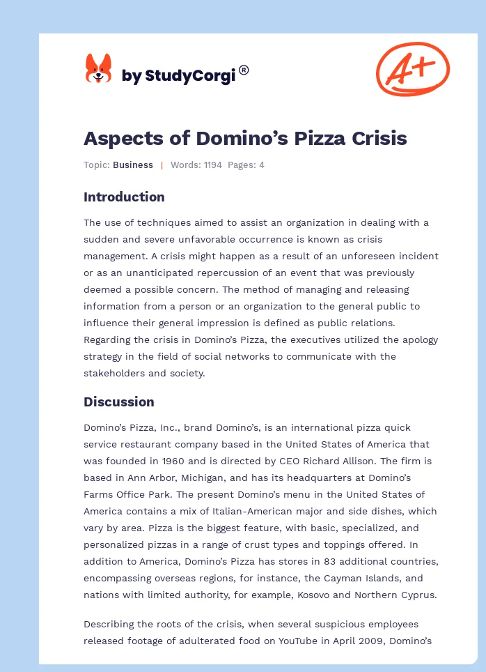 Aspects of Domino’s Pizza Crisis. Page 1