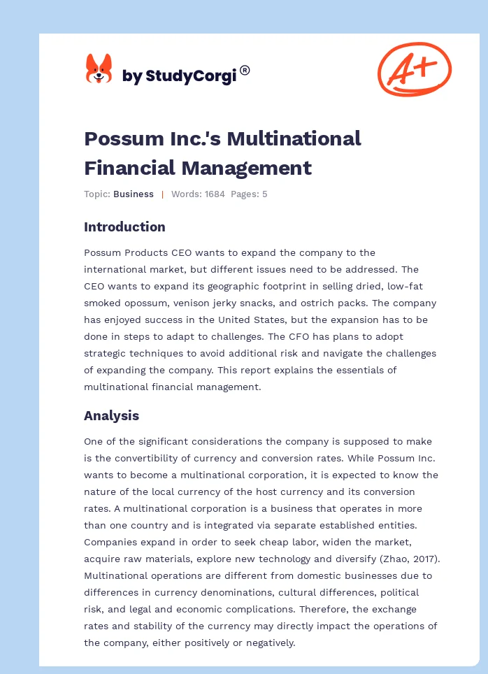 Possum Inc.'s Multinational Financial Management. Page 1