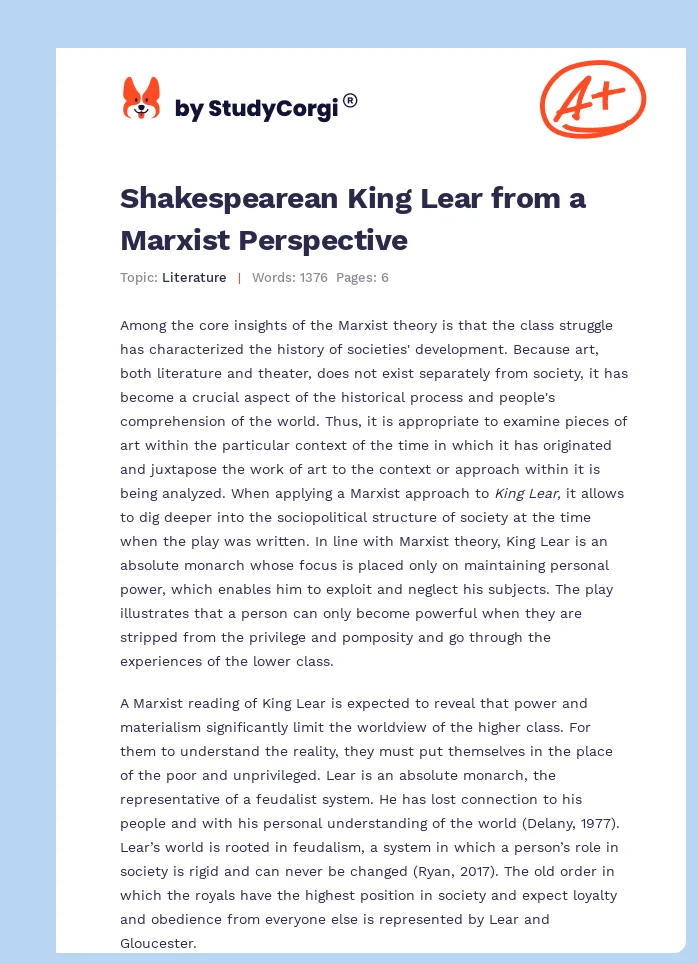 Shakespearean King Lear from a Marxist Perspective. Page 1
